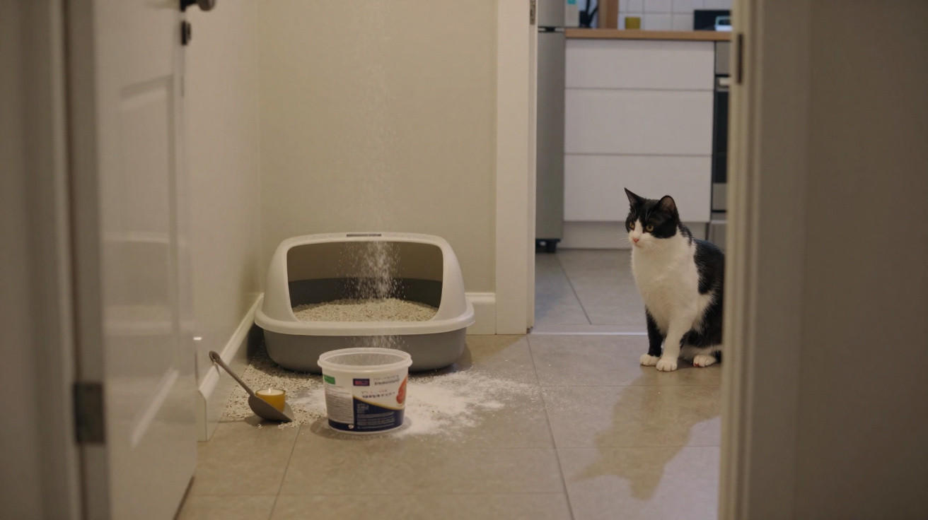 Gato preto e branco observa areia para caixa sanitária de gato derramada no chão de azulejo cinza.