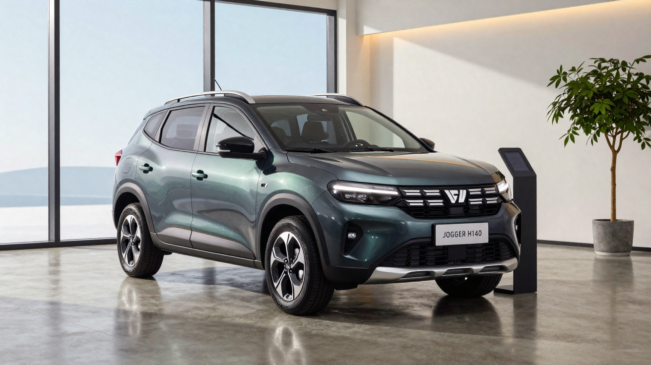 SUV cinza estacionado em ambiente interno moderno com piso refletivo e planta ao fundo.