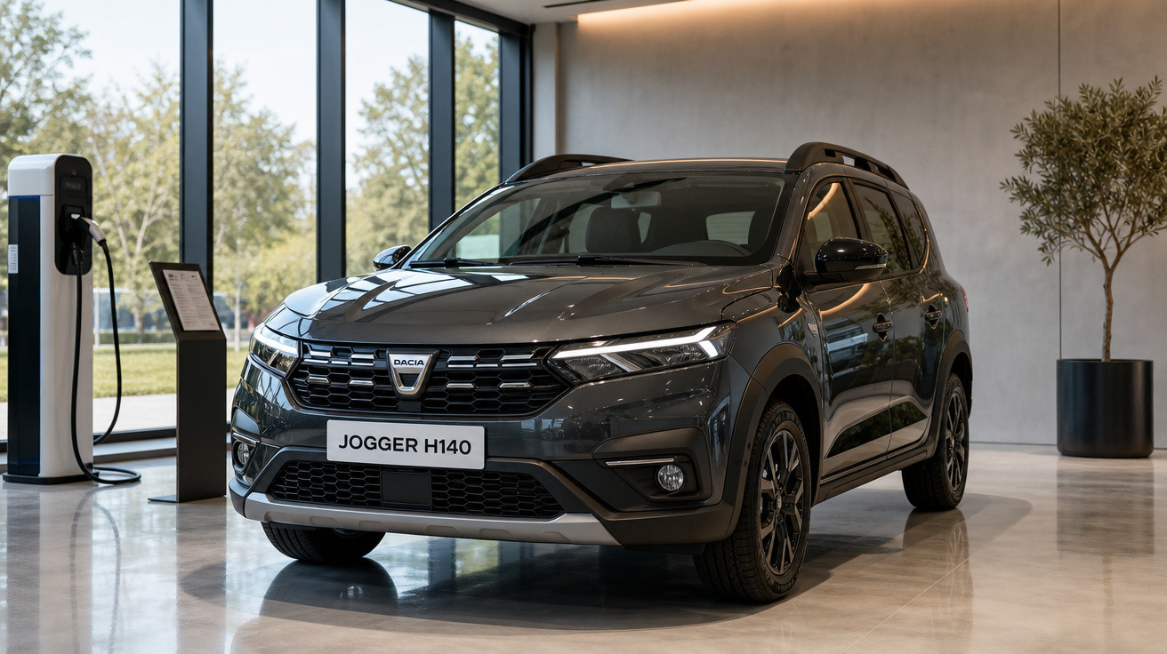 Carro Dacia Jogger H140 cinza estacionado em showroom com carregador elétrico ao lado.