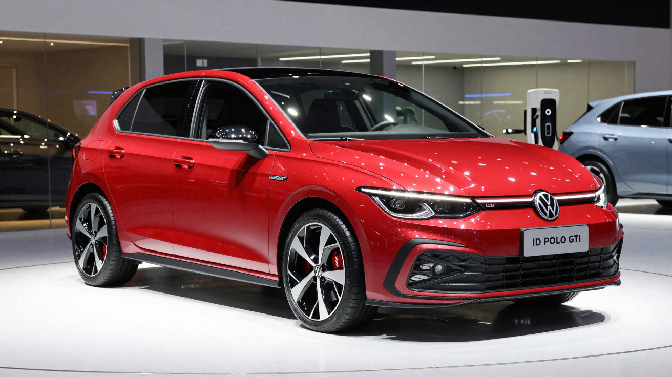 Carro esportivo Volkswagen vermelho ID Polo GTI exibido em espaço interno com iluminação branca.