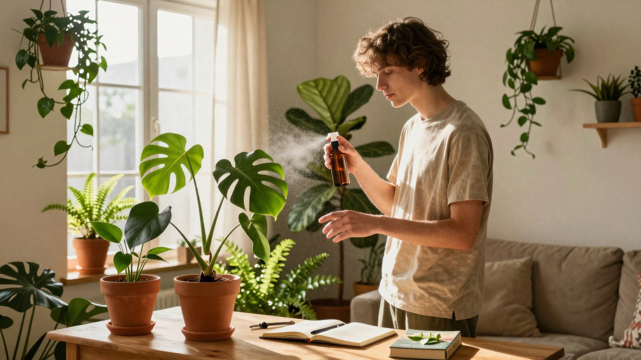 Jovem borrifando água em plantas verdes dentro de sala iluminada por luz natural.