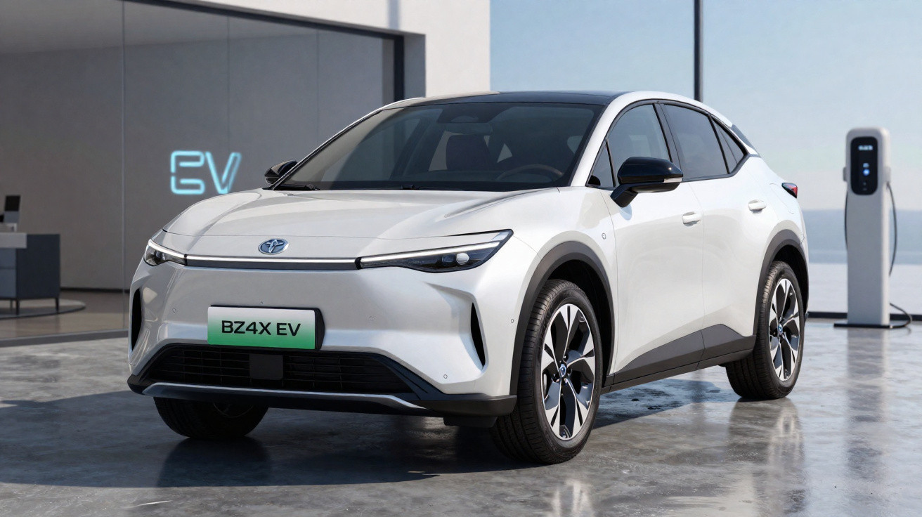 Carro elétrico branco Toyota BZ4X EV estacionado próximo a estação de recarga em ambiente moderno.