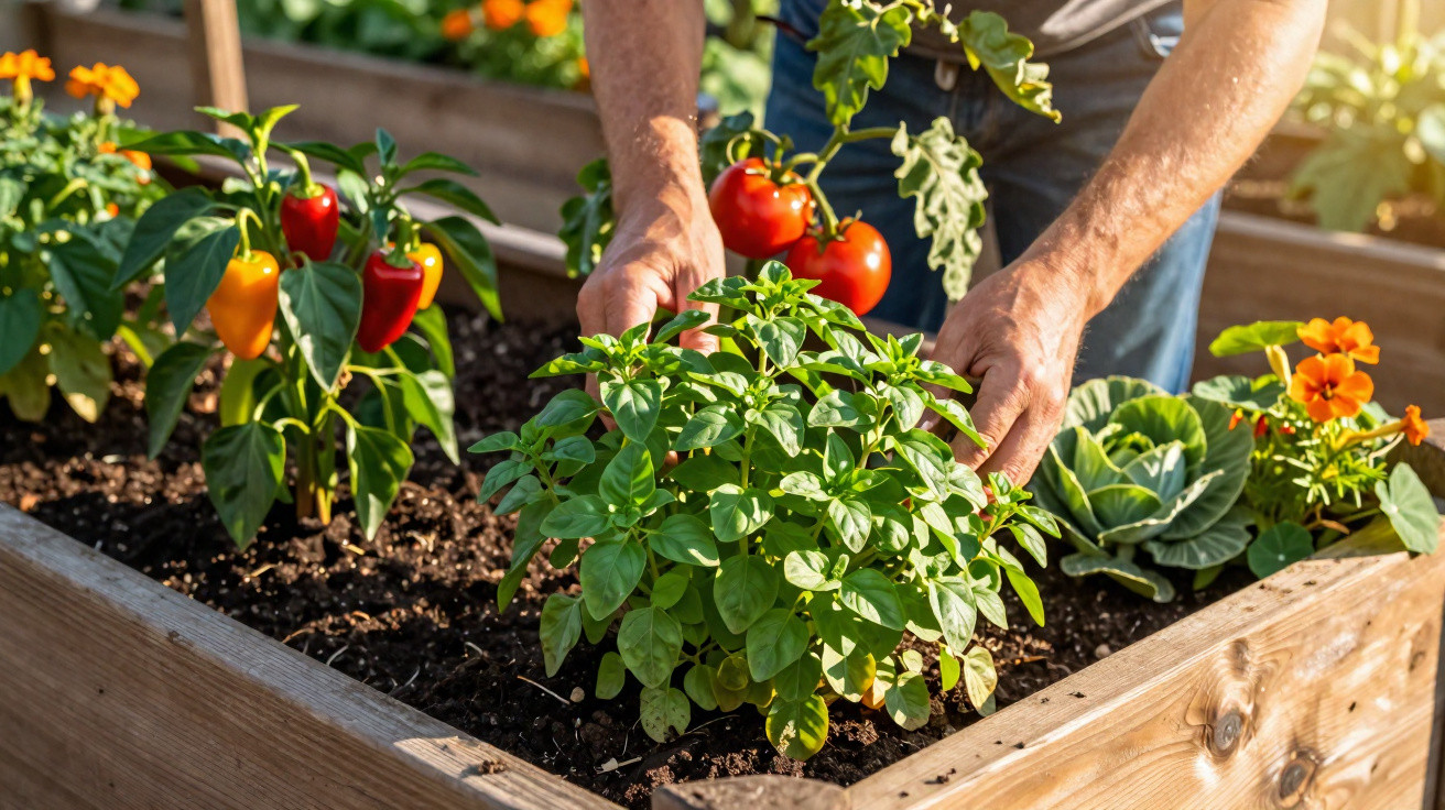 Pessoa cuidando de planta em horta com pimentas, tomate e flores em canteiro de madeira.