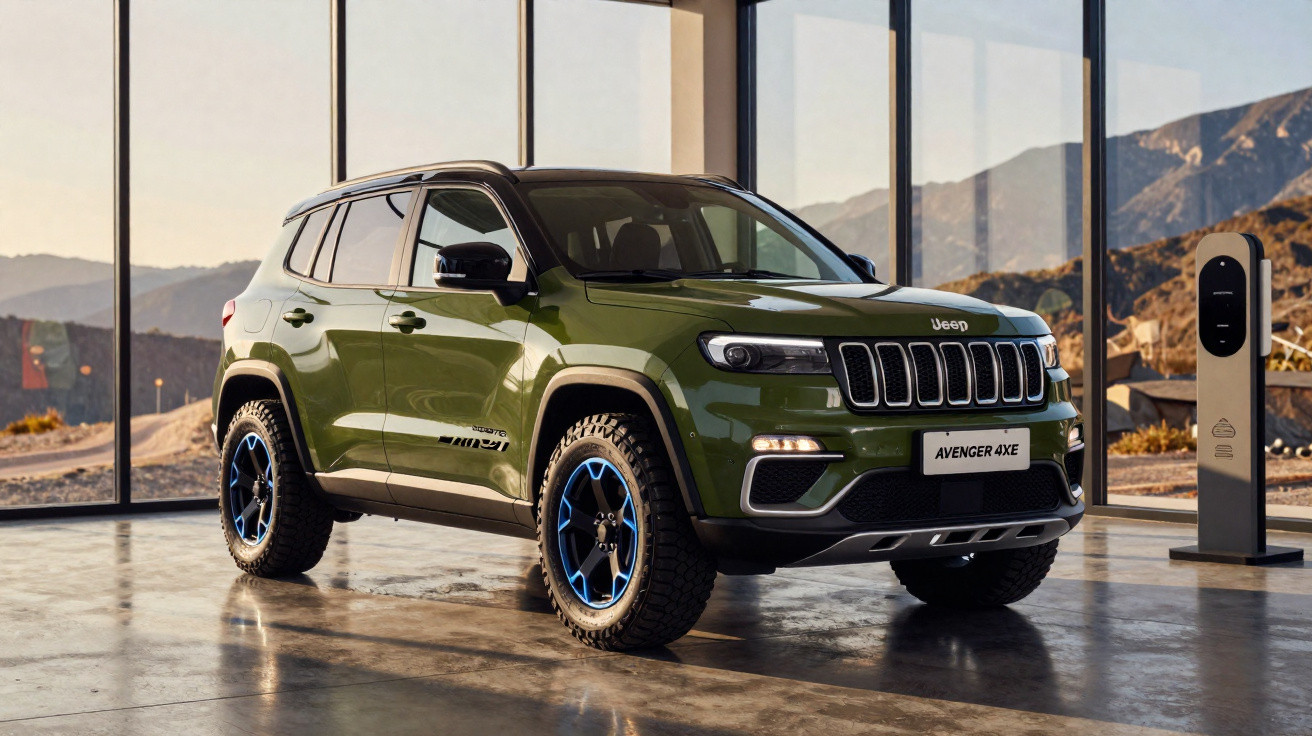 Carro SUV Jeep Avenger 4XE verde estacionado em ambiente interno com vidro e paisagem montanhosa ao fundo.