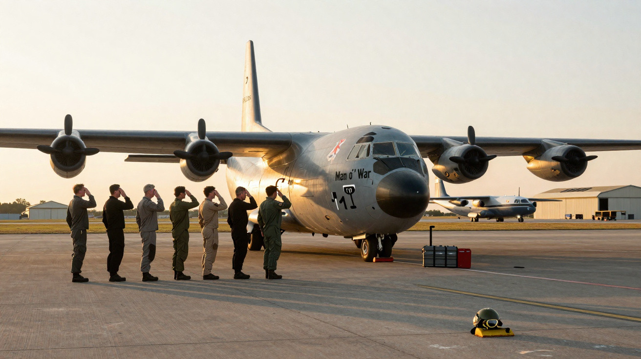 Militares em formação saudando um avião militar estacionado em pista ao pôr do sol.