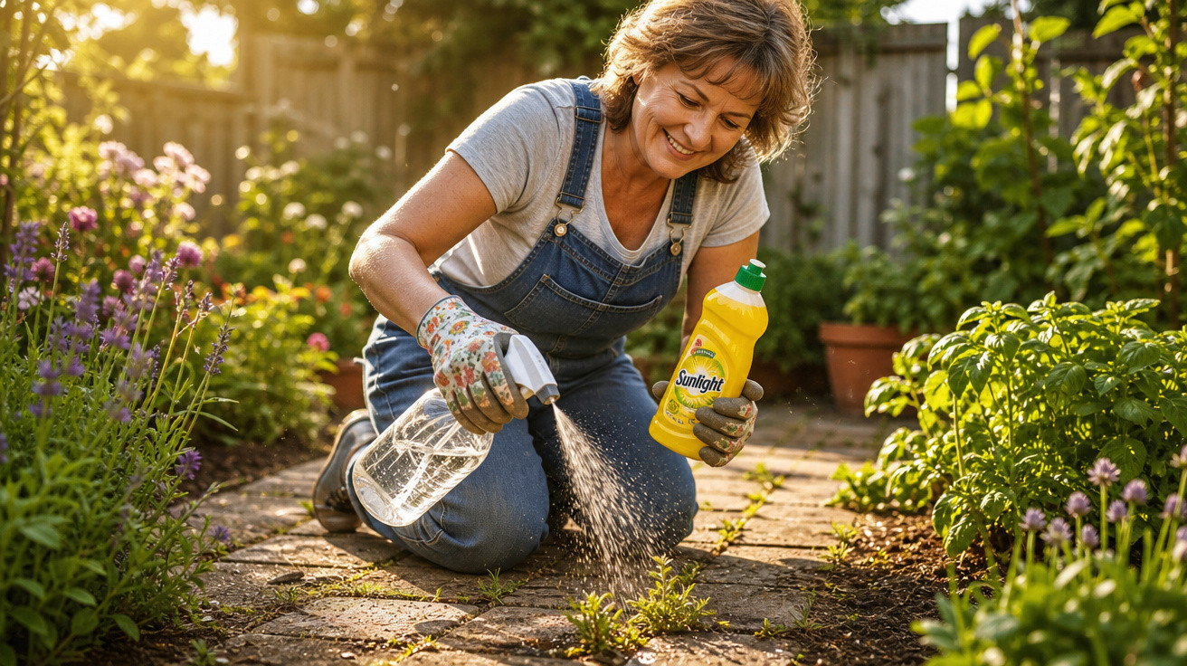 Mulher sorridente regando plantas no jardim com regador e produto de limpeza amarelo.