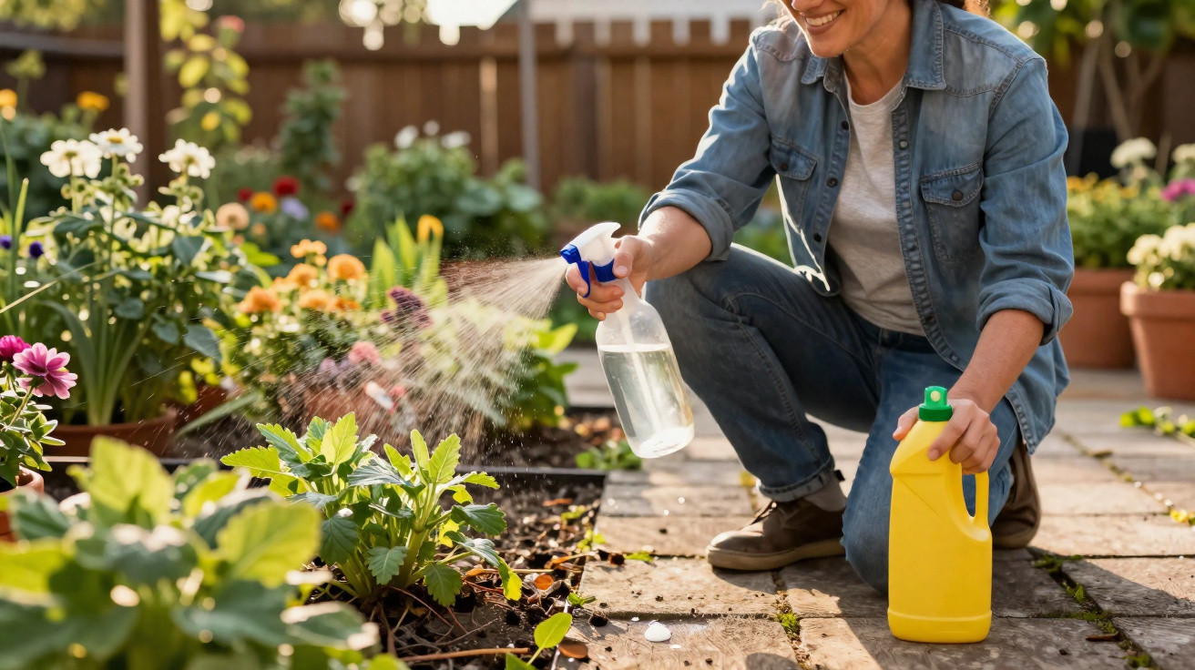 Pessoa pulverizando plantas em jardim ensolarado com regador amarelo ao lado.
