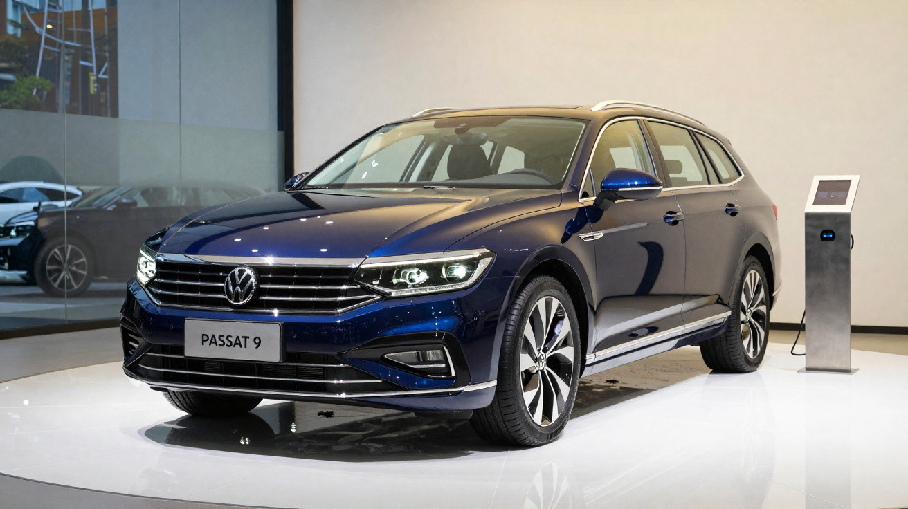 Carro Volkswagen Passat 9 azul escuro estacionado em espaço interno com carregador elétrico ao lado direito.