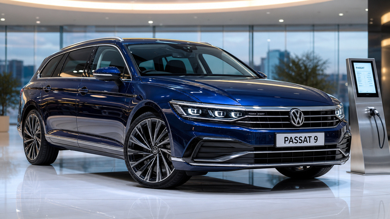 Carro Volkswagen Passat 9 azul em exposição interna com carregador ao lado em ambiente moderno.