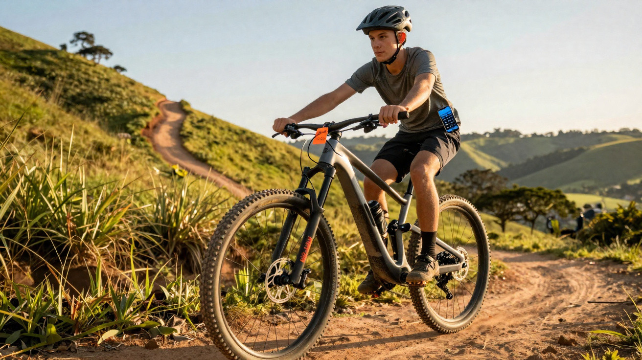 Homem de capacete pedalando bicicleta de montanha em trilha de terra cercada por vegetação.