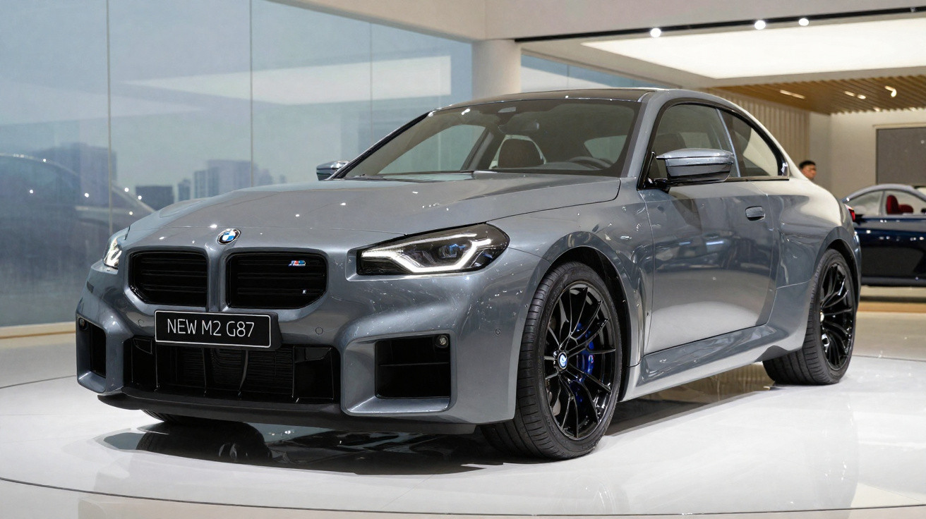 BMW M2 G87 cinza metálico exposto em salão de automóveis, vista frontal e lateral direita.