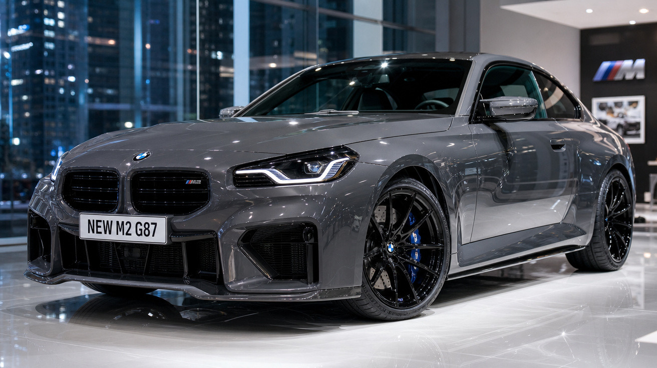 Carro esportivo BMW M2 G87 cinza metálico em exposição interna com rodas pretas e freios azuis.
