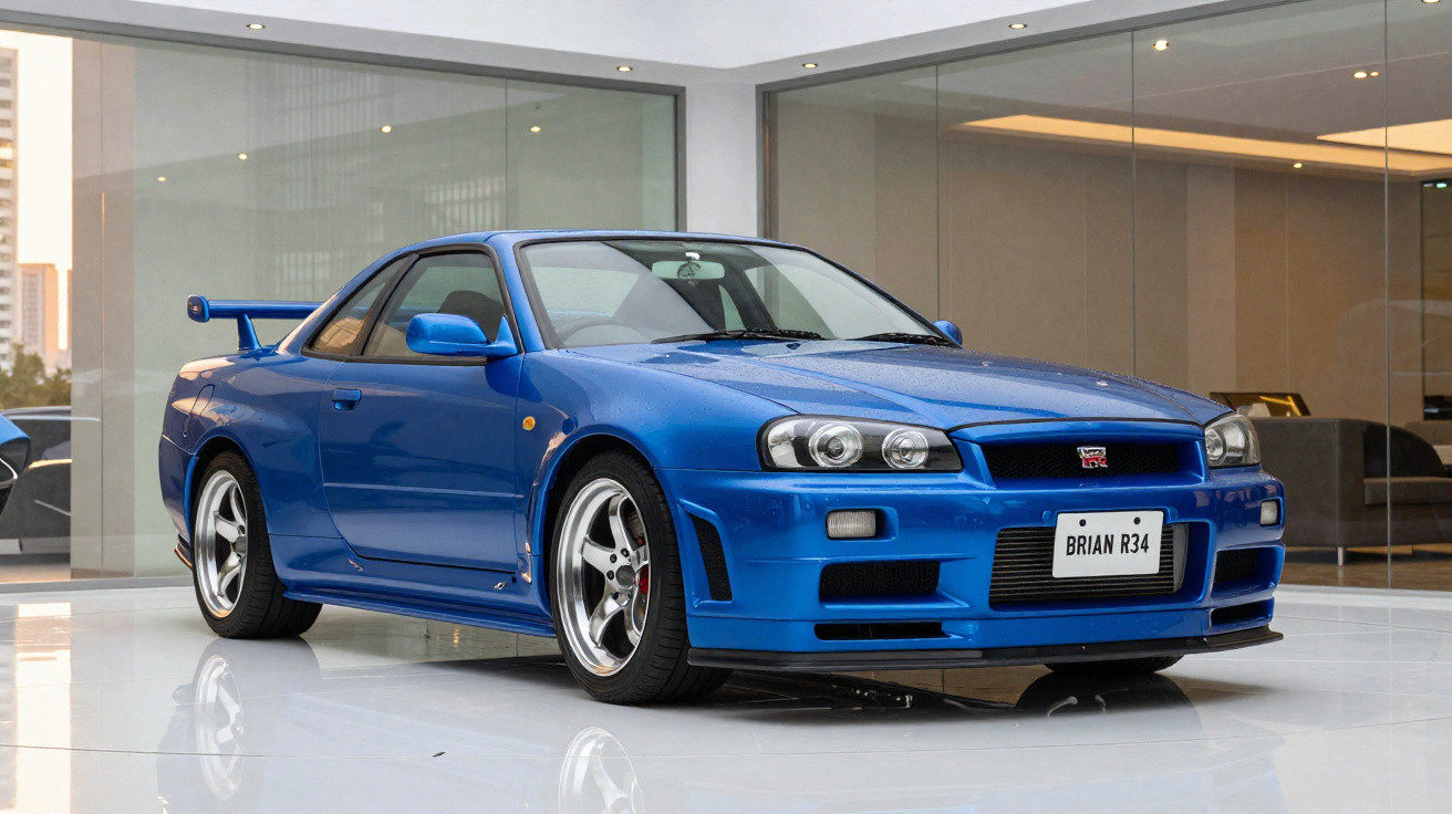 Carro esportivo azul Nissan Skyline GT-R R34 estacionado em garagem moderna com piso branco brilhante.