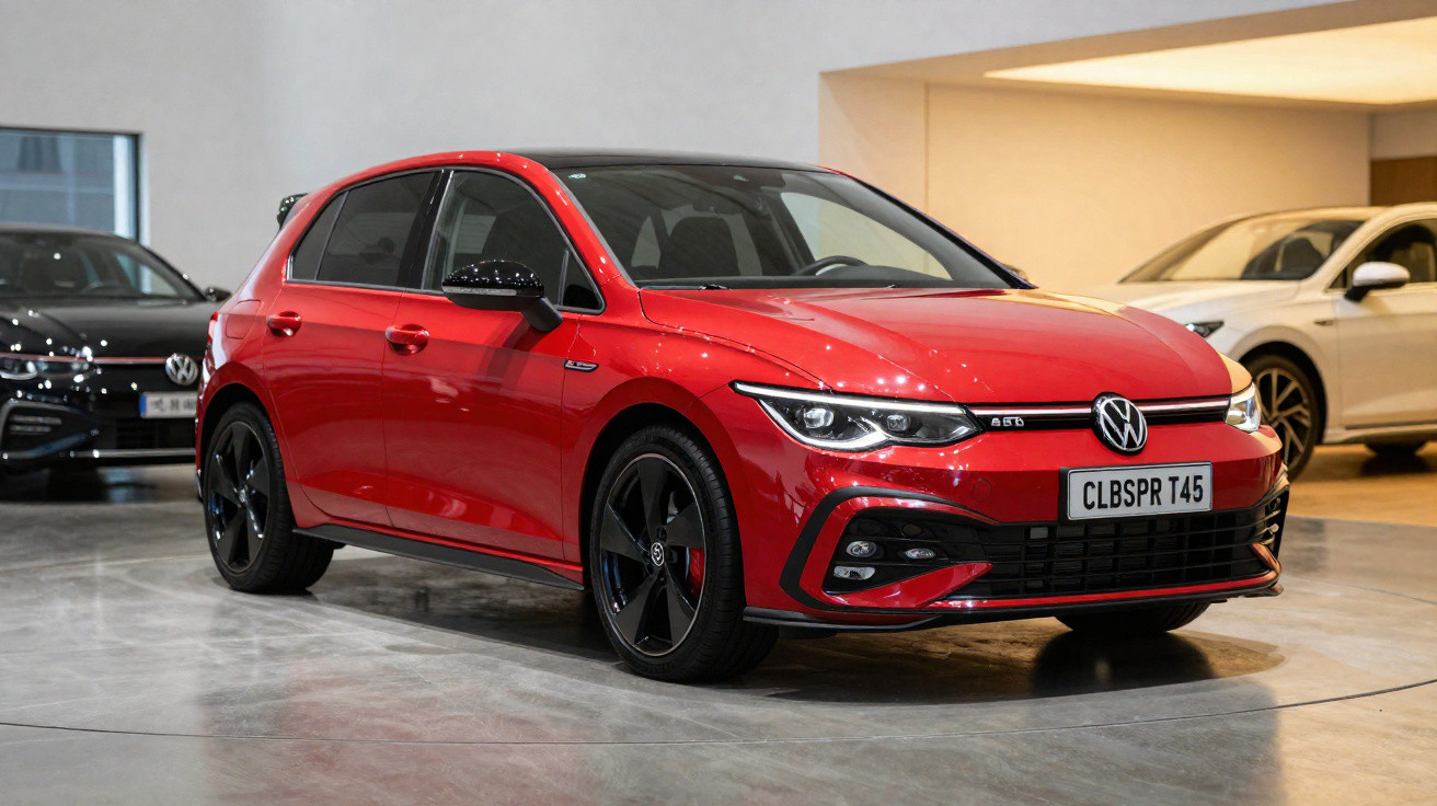 Carro vermelho Volkswagen Golf GTe estacionado em showroom com piso cinza e carros ao fundo.