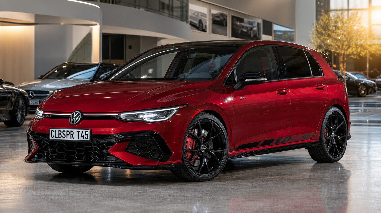 Carro Volkswagen Golf GTI vermelho em exposição interna com rodas pretas e detalhes esportivos.