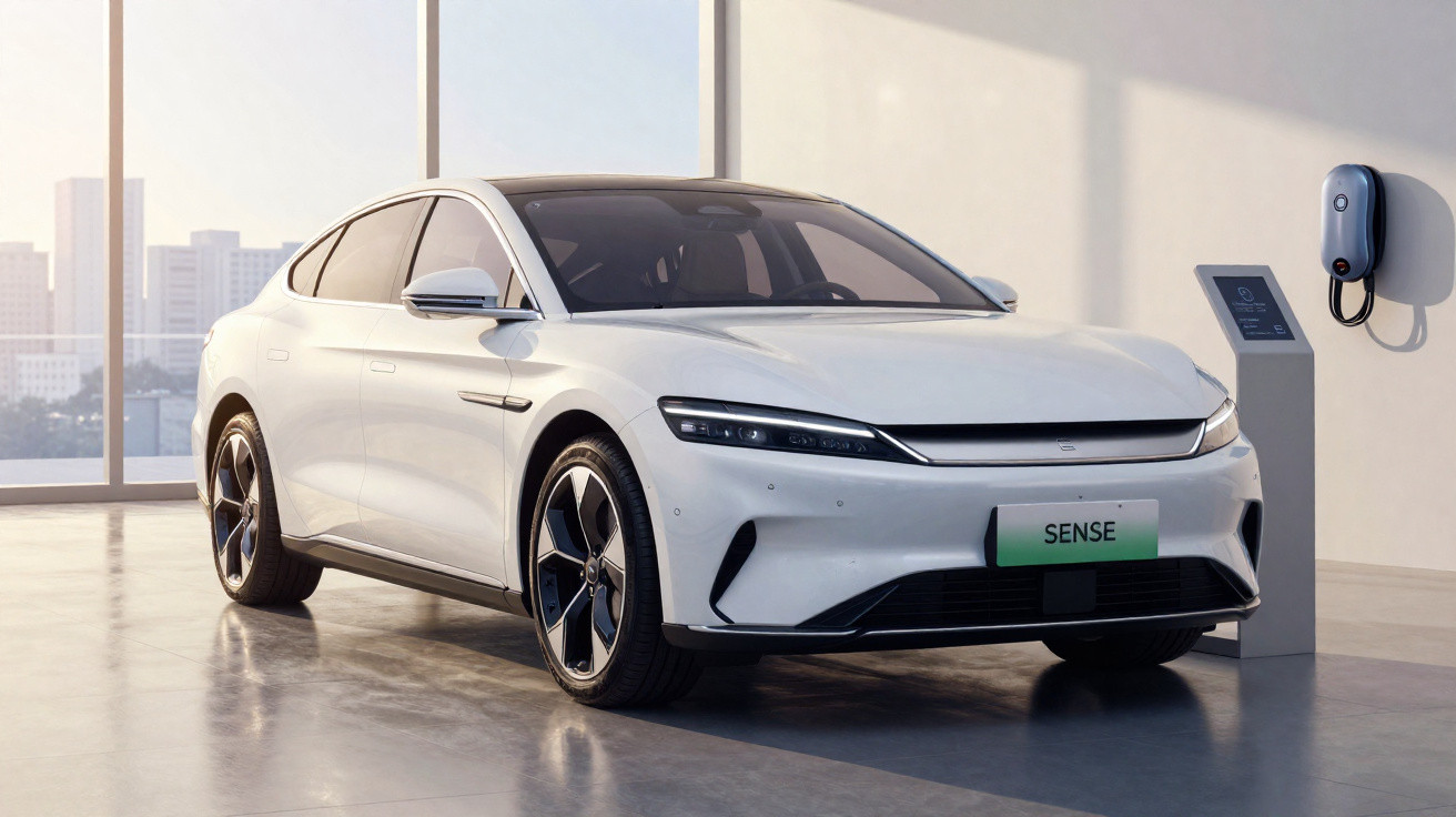 Carro elétrico branco estacionado em ambiente moderno com carregador e painel digital ao lado.