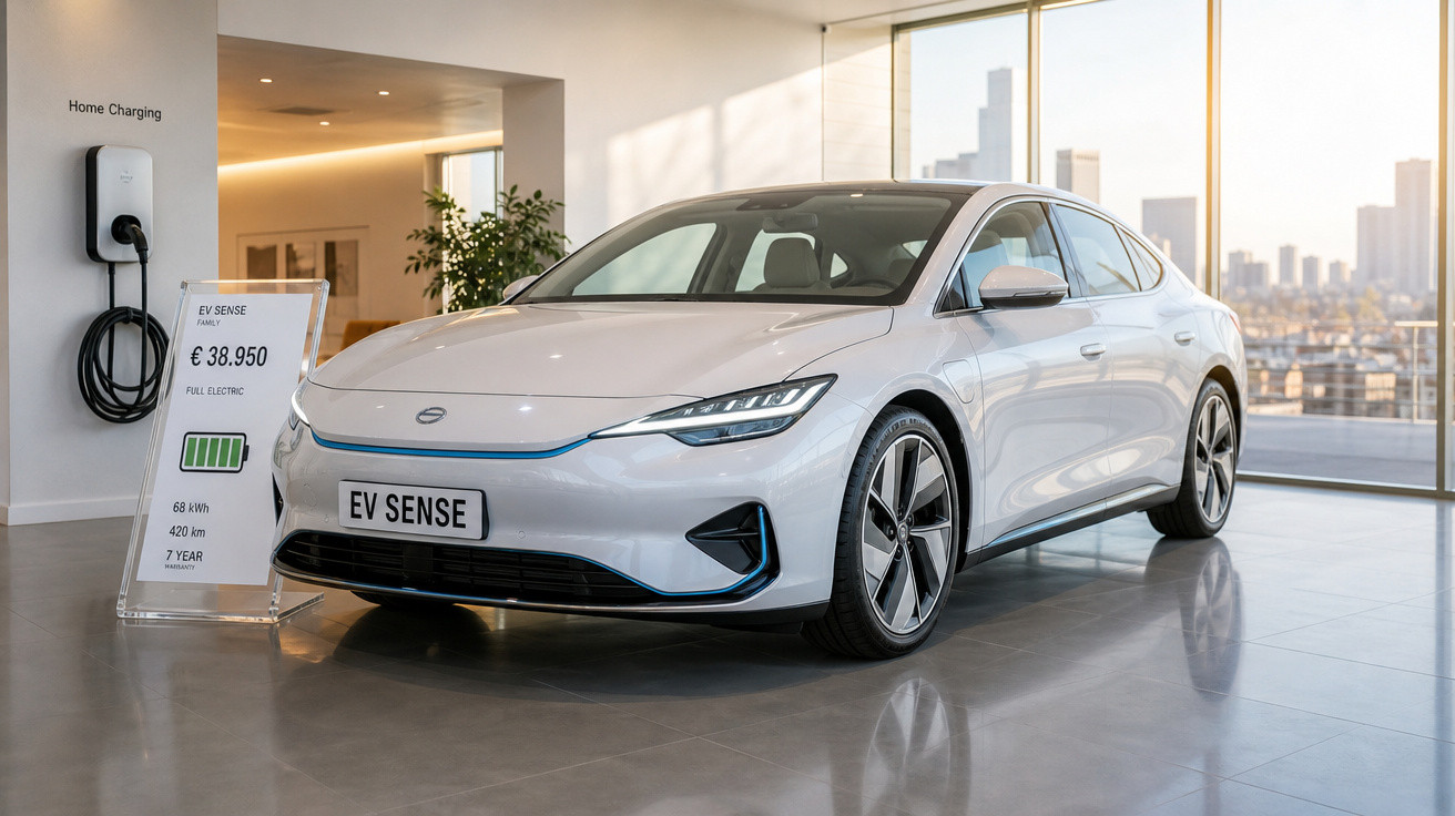 Carro elétrico branco em exposição interna com painel de preços e estação de carregamento ao lado.