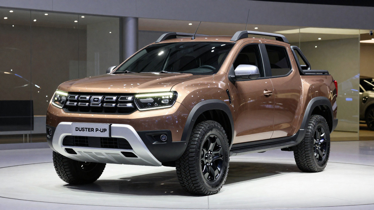 Picape Renault Duster P-Up marrom em exposição, com rodas pretas e acabamento robusto.
