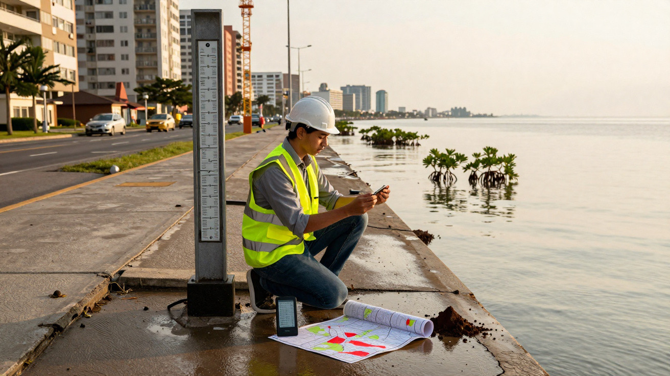 Engenheiro com capacete e colete refletivo analisa mapas e usa celular numa área urbana à beira d'água.