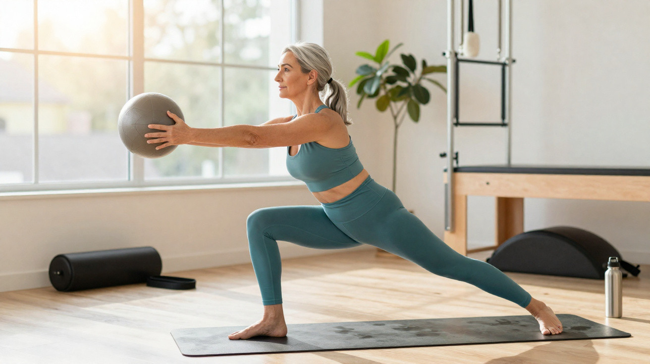 Mulher madura fazendo alongamento com bola de pilates em sala de exercícios iluminada.