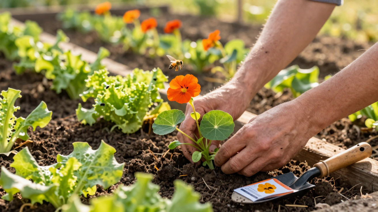 Mãos plantando flor laranja em canteiro com folhas verdes e pequena pá ao lado no jardim.