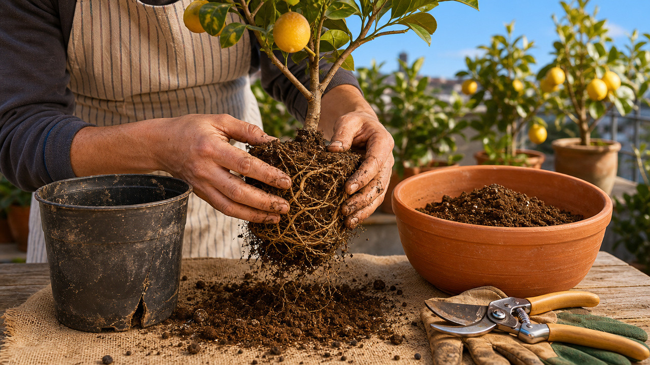 Pessoa transplantando muda de limoeiro com raízes expostas sobre mesa com ferramentas de jardinagem.