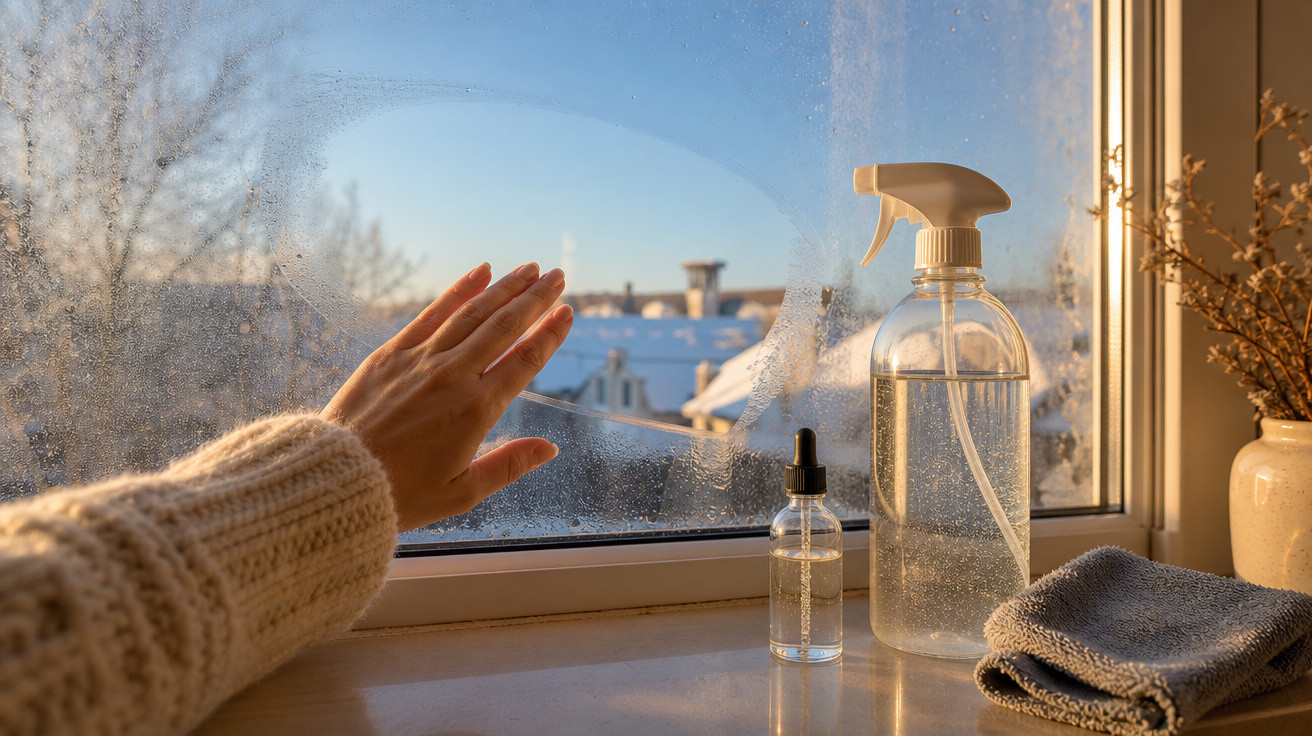 Mão limpando janela embaçada ao amanhecer com frascos de spray e pano na borda.