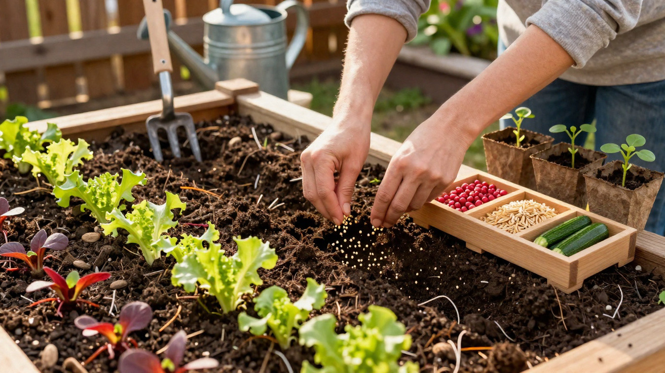 Mãos plantando sementes em canteiro com folhas verdes, sementes e mudas no jardim.