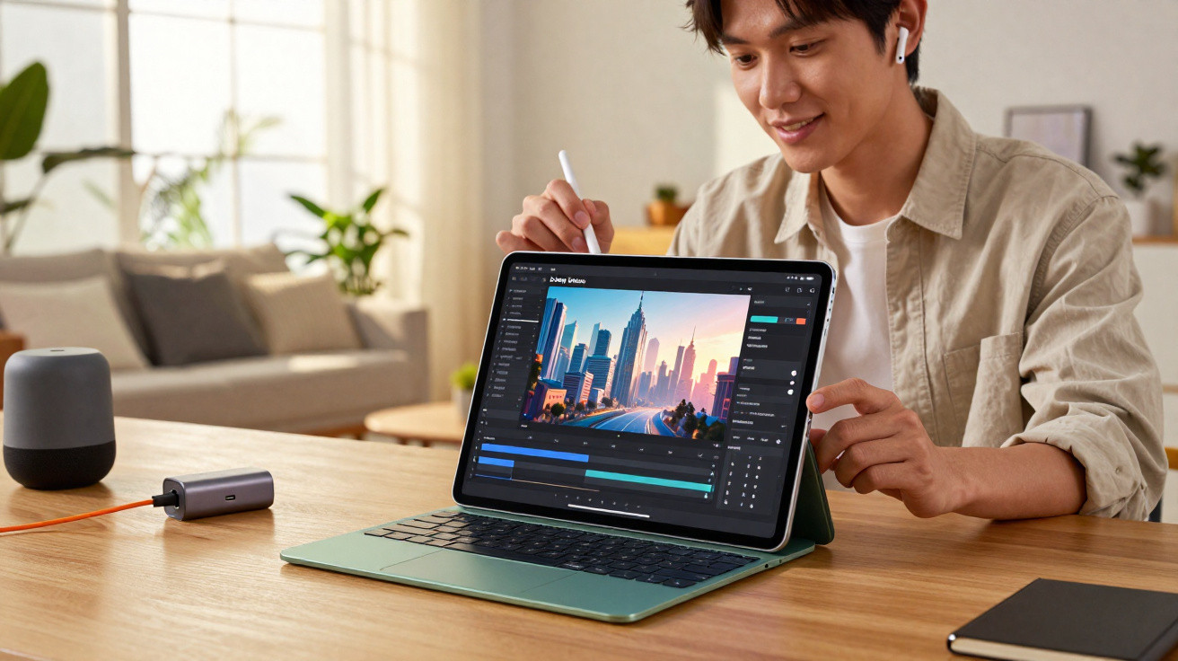 Homem jovem editando imagens em tablet com teclado na mesa em ambiente iluminado e moderno.