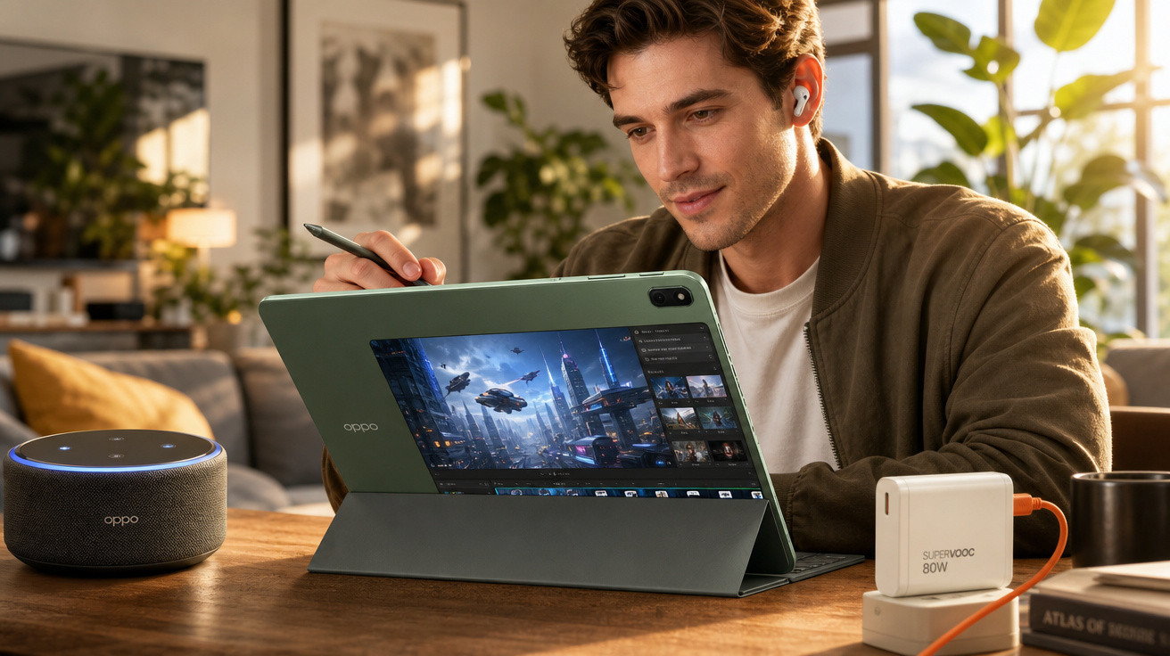 Homem jovem usando tablet Oppo com caneta em ambiente interno, com carregador e dispositivo inteligente na mesa.