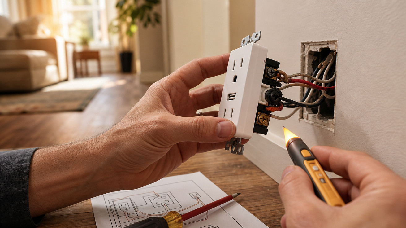 Pessoa instalando uma tomada elétrica, testando fios com ferramenta de teste de tensão.
