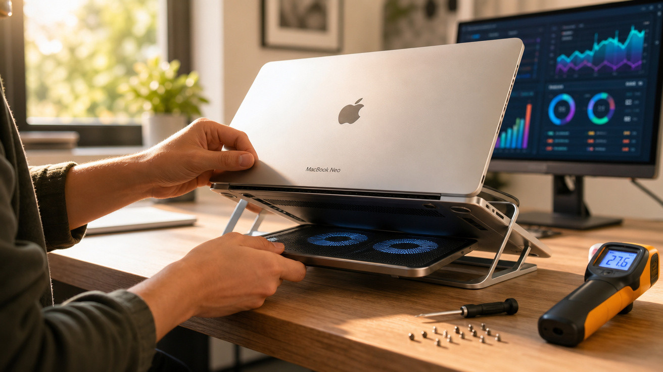 Pessoa ajustando suporte de notebook com cooler externo em mesa com parafusos, ferramenta e monitor exibindo gráficos.