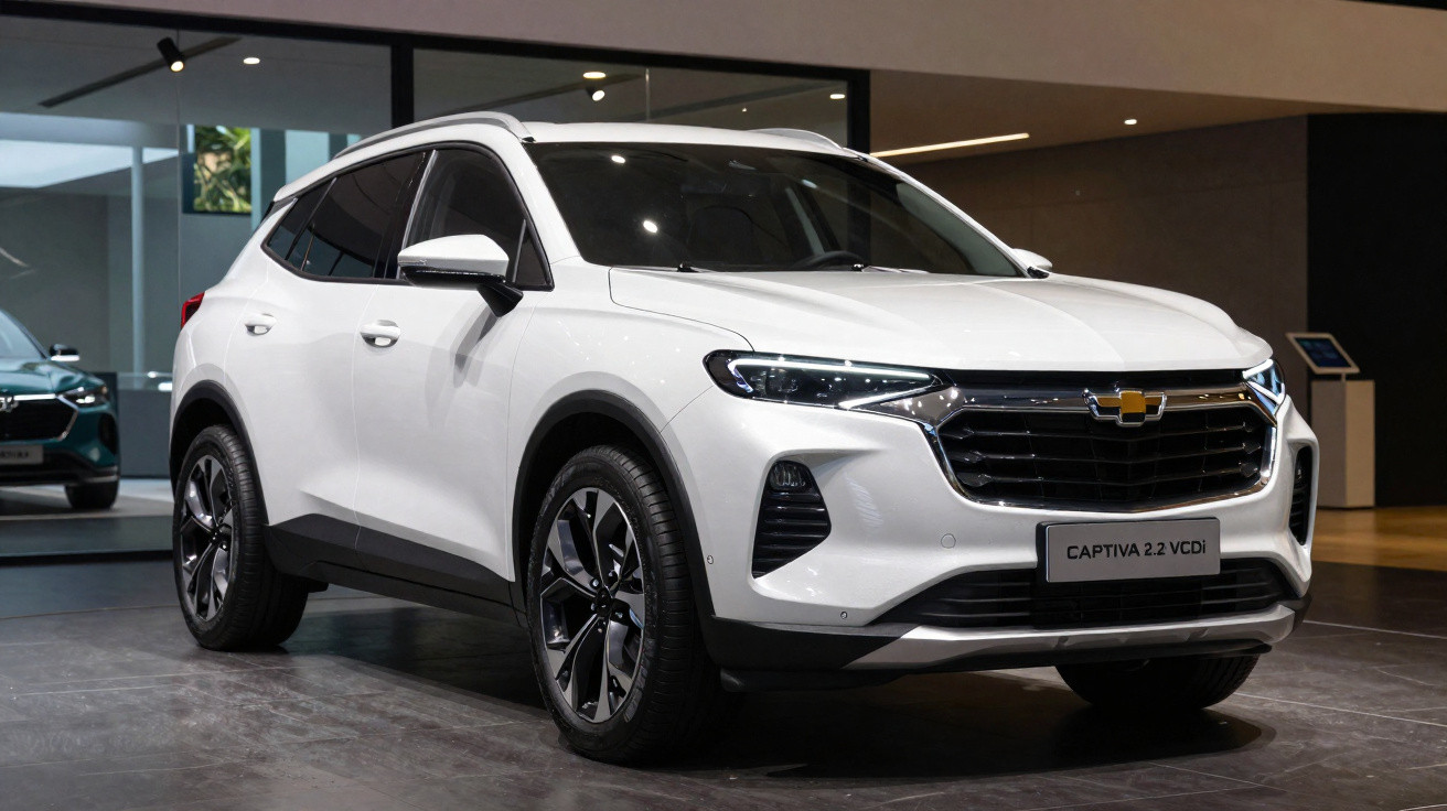 SUV Chevrolet Captiva 2.2 VCDi branco exposto em showroom moderno e iluminado.