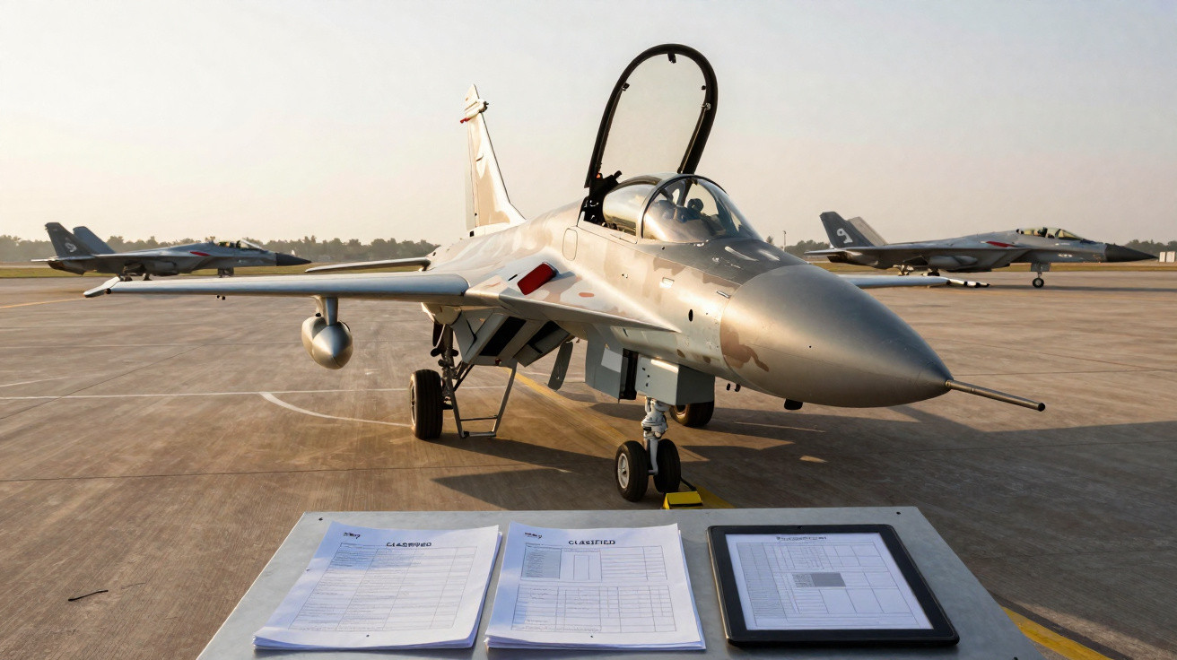 Caça militar estacionado em pista de aeroporto com documentos em mesa à frente e outros caças ao fundo.