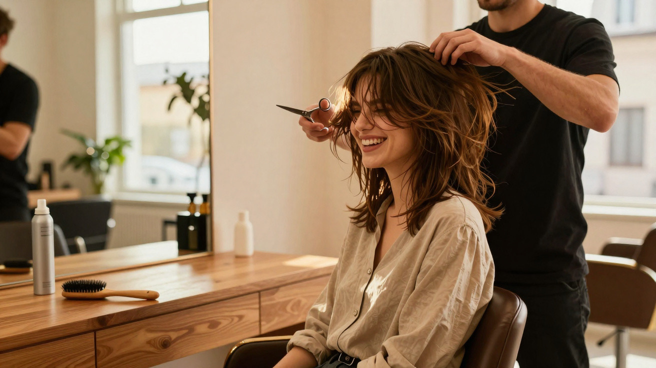 Mulher sorrindo enquanto cabeleireiro corta seu cabelo em salão moderno com espelho e produtos.