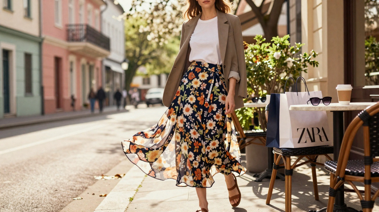 Mulher caminhando na rua com saia floral, camiseta branca, blazer bege e sacolas de compras ao lado.
