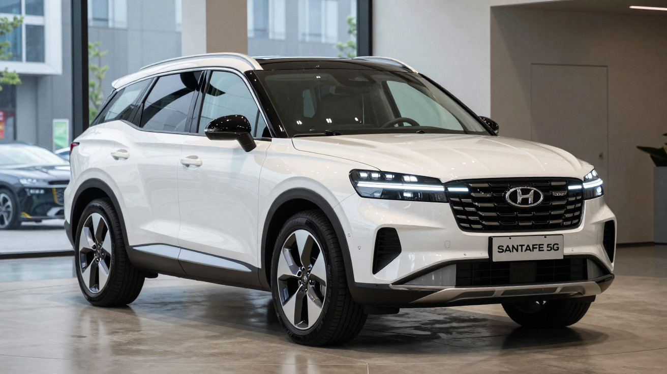SUV branco Hyundai Santa Fe 5G estacionado em showroom moderno com iluminação natural.