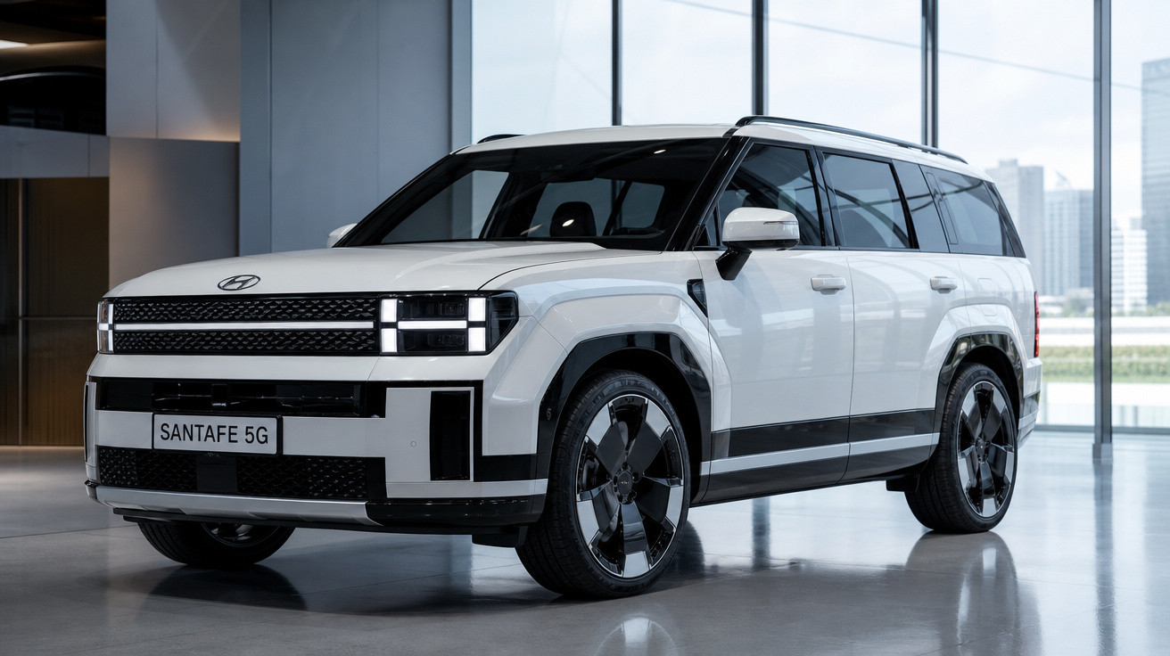 SUV branco Hyundai Santa Fe 5G estacionado em ambiente interno moderno e iluminado.