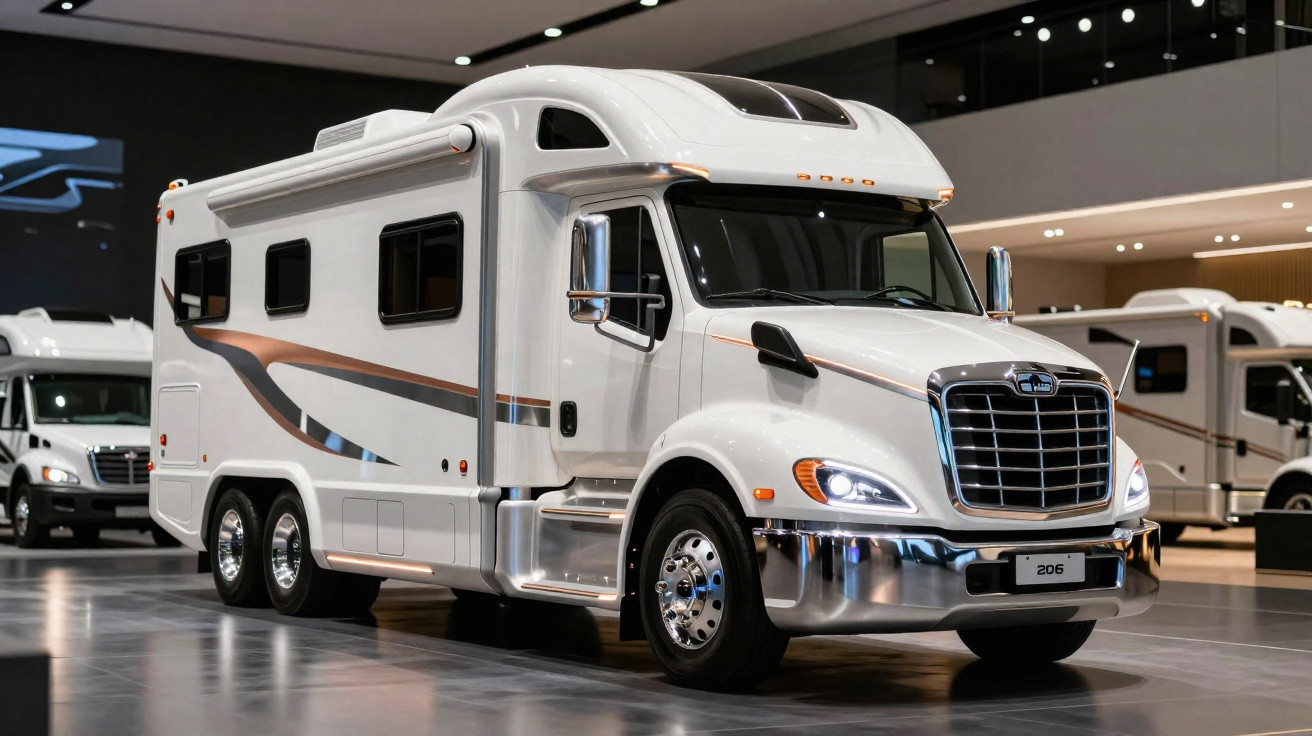 Motorhome branco moderno com detalhes em prata e laranja exibido em salão automotivo iluminado.