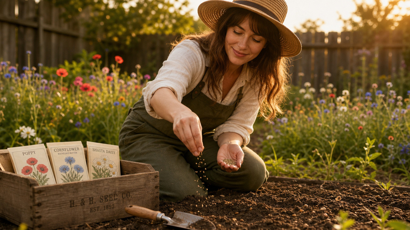 Mulher sorrindo e plantando sementes em jardim ao entardecer, com chapéu e roupas de jardineiro.