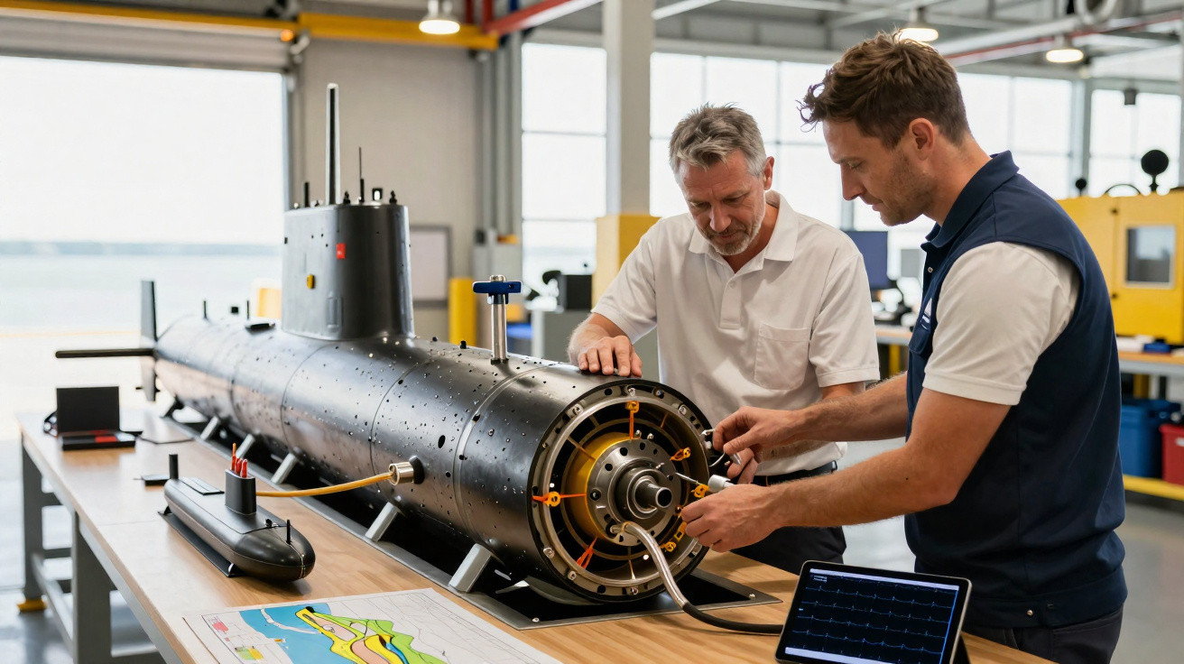 Dois engenheiros trabalham em modelo de submarino em oficina moderna, com laptop e mapa na mesa.