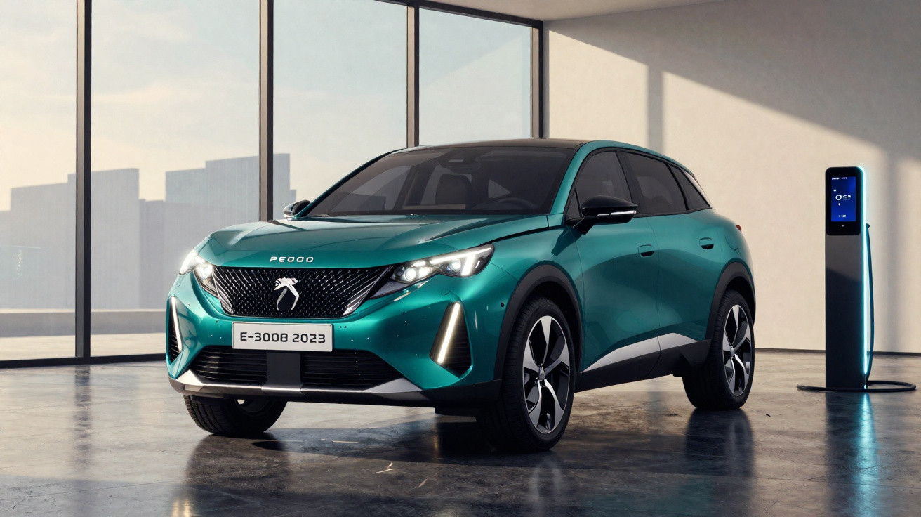 Carro elétrico Peugeot E-3008 verde em ambiente interno junto a estação de recarga.