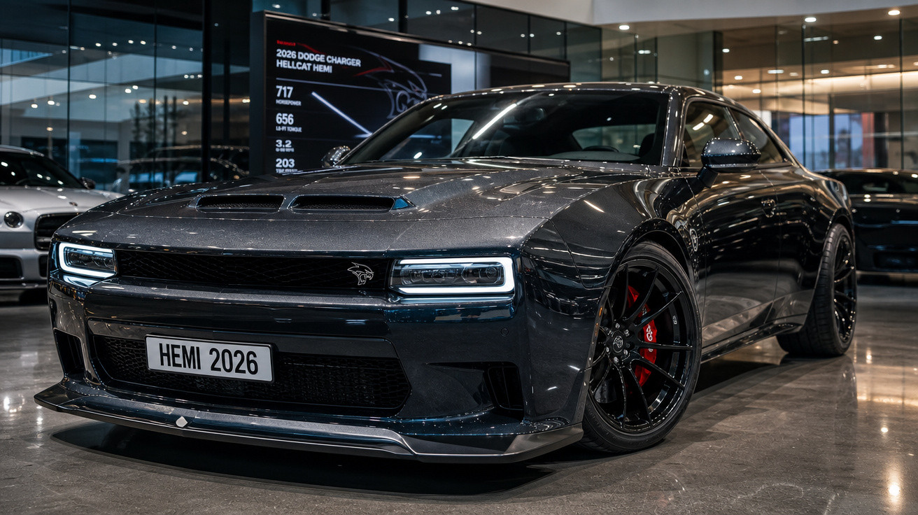 Carro esportivo Dodge Charger Hellcat HEMI preto 2026 em showroom com iluminação interna moderna.