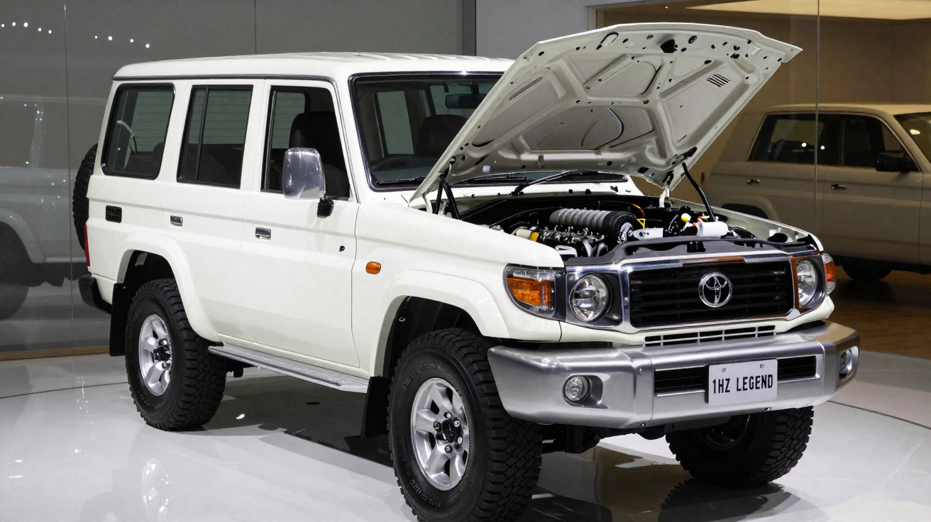 Carro SUV branco Toyota 4x4 com capô aberto, exibindo o motor, em exposição interna.