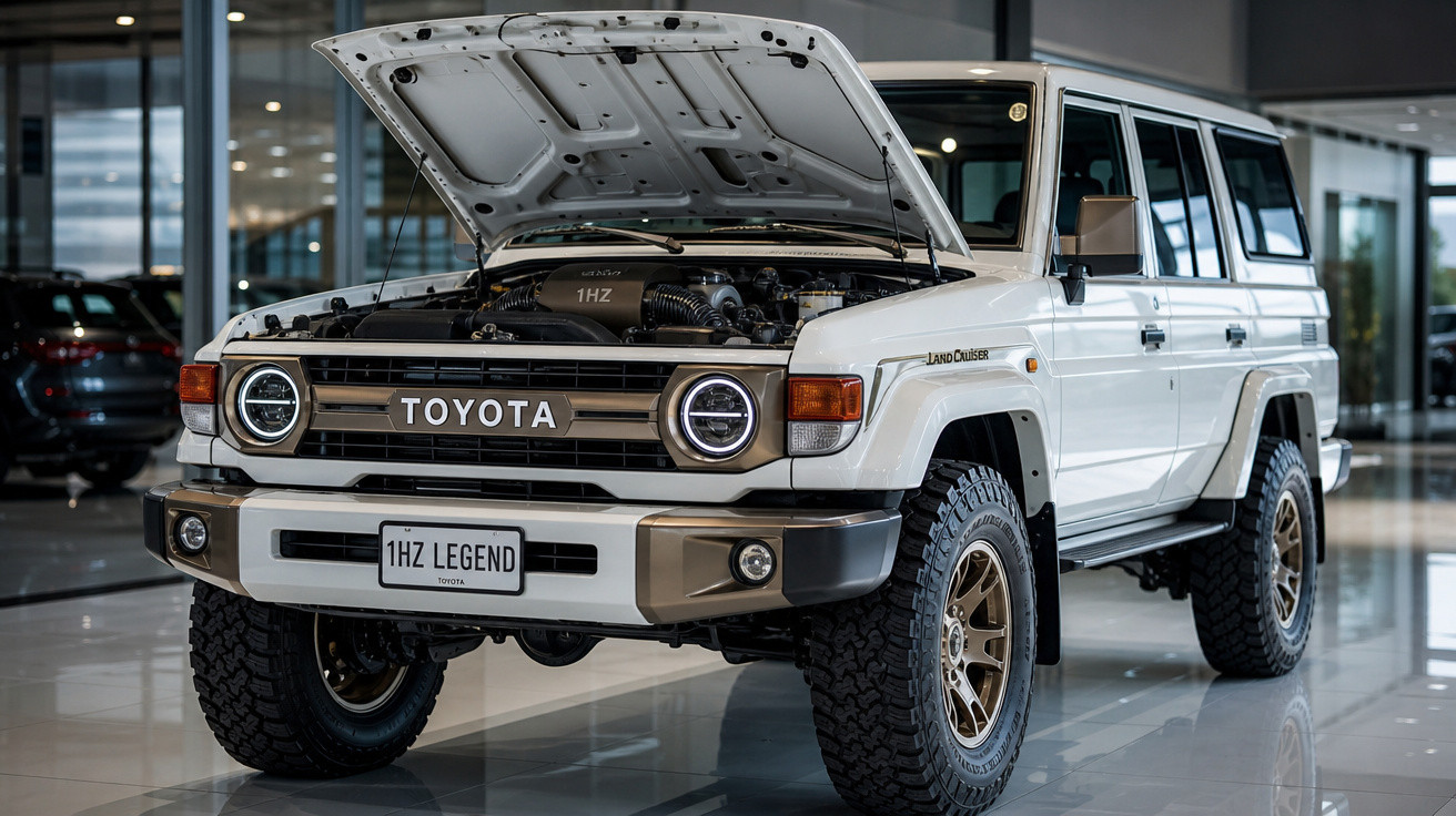 Toyota Land Cruiser branco com capô aberto em showroom, destaque para motor 1HZ e rodas off-road.