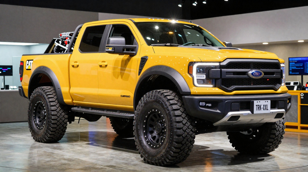 Picape amarela Ford com pneus off-road grandes em exposição interna.