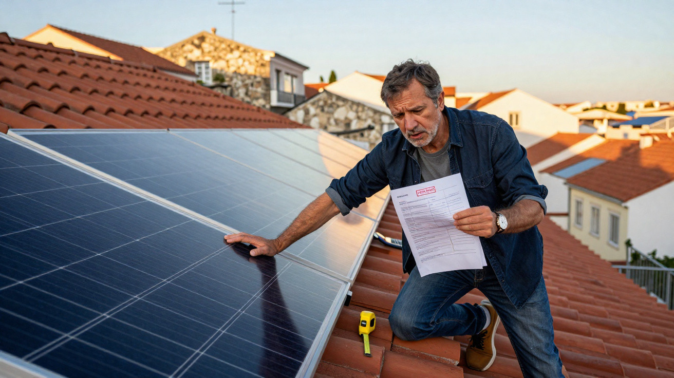 Homem verifica conta enquanto inspeciona painéis solares instalados no telhado de uma casa.