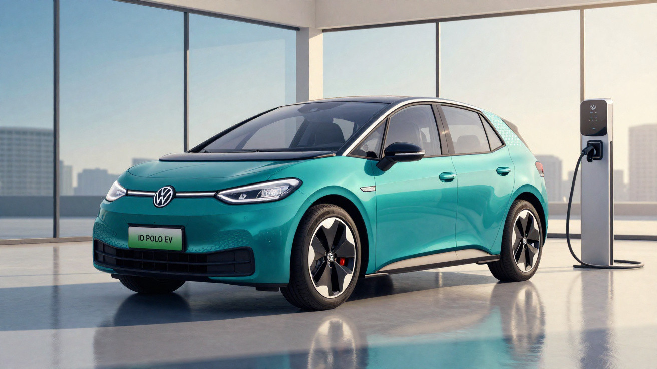 Carro elétrico Volkswagen ID Polo EV verde sendo carregado em estação de recarga interna.
