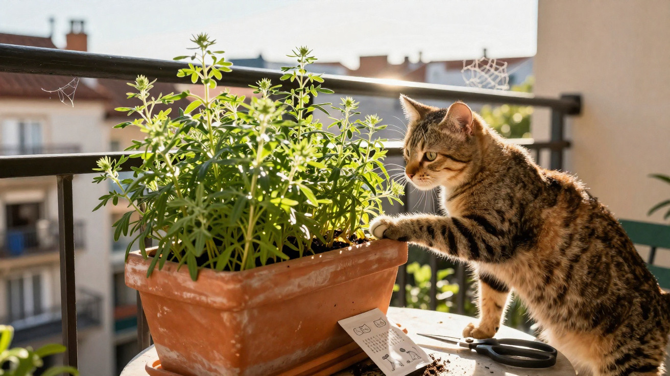 Gato de pelagem rajada toca planta em vaso de cerâmica em varanda com luz do sol.