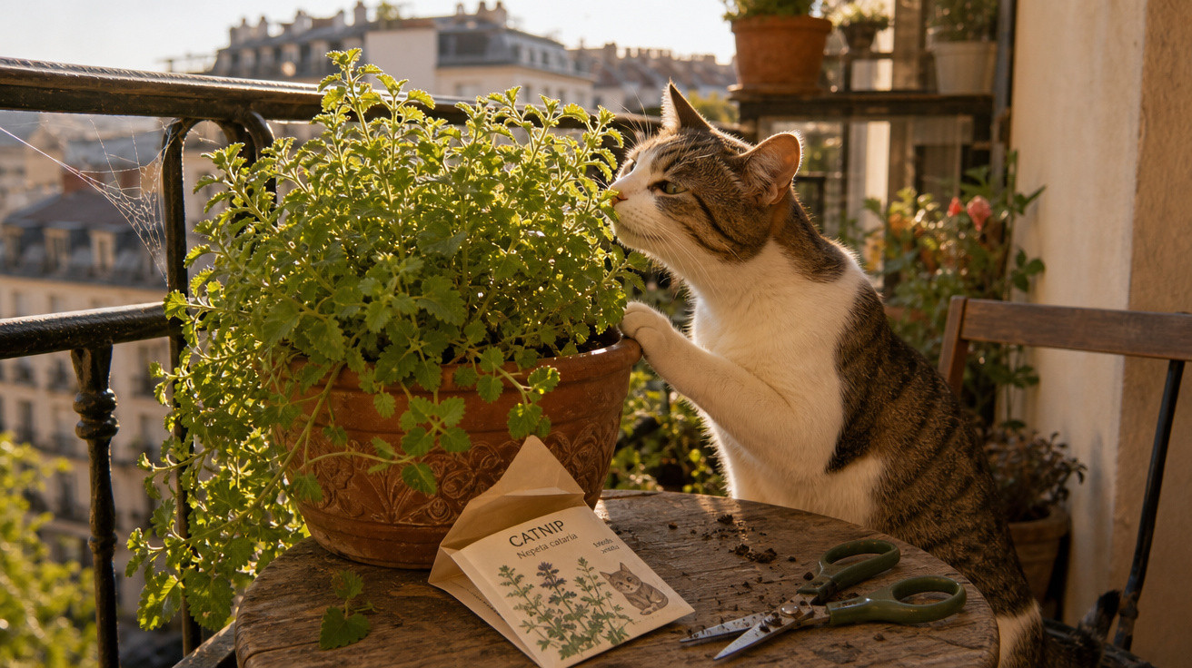 Gato cheirando planta de catnip em vaso sobre mesa de madeira em varanda ao pôr do sol.